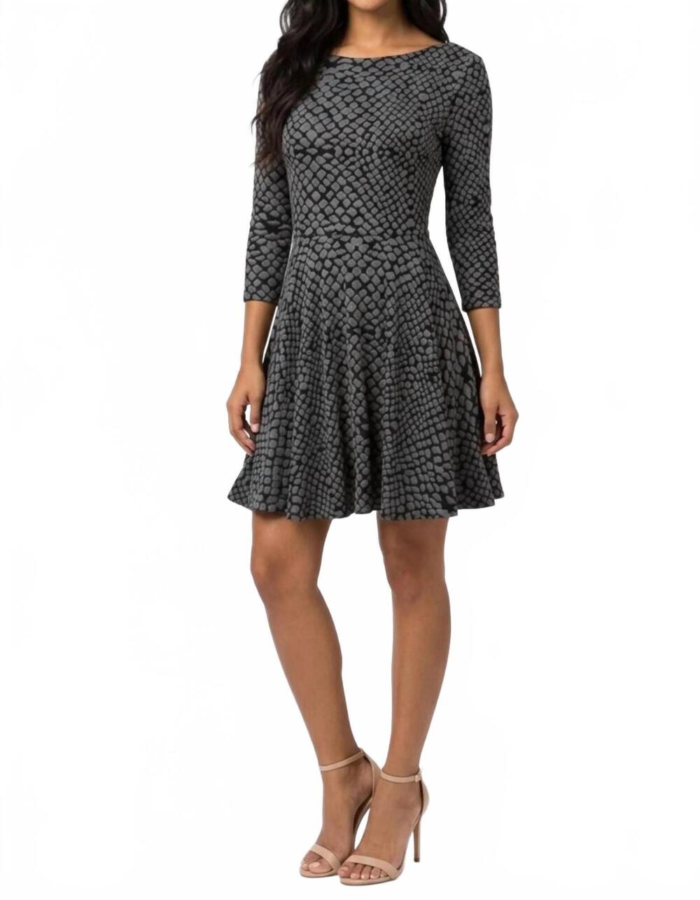 NEW ALI RO snakeskin print 3/4-sleeve fit and flare dress in grey black
